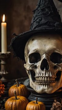 Squelette t&ecirc;te cr&acirc;ne chapeau noir citrouille bougies chandelle d&eacute;cor macabre  peur &eacute;pouvante effrayant sombre sorcellerie vaudou