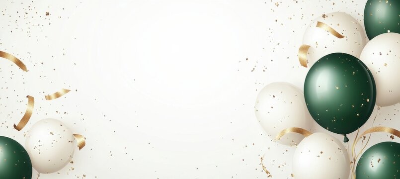 Green and white balloons with golden ribbons on a light background celebration banner or greeting card design Generative AI