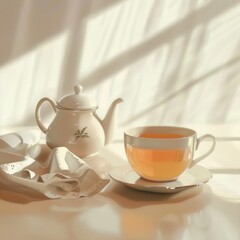 a mug of tea and a teapot on a light background hyper realism --stylize 50 generative ai