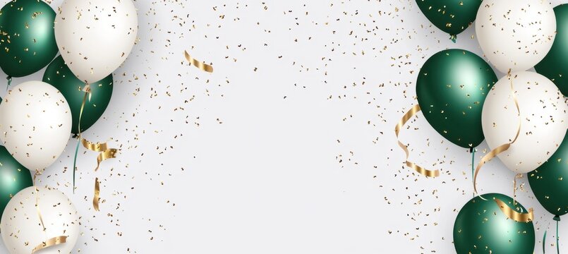 celebration background with green and white balloons, golden ribbons, and confetti on a light grey background Generative AI