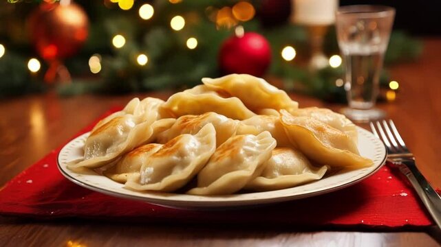 Delicious pierogi dumplings, a traditional polish christmas eve dish, elegantly served on a plate against a festive bokeh background, creating a warm and inviting atmosphere for holiday celebration