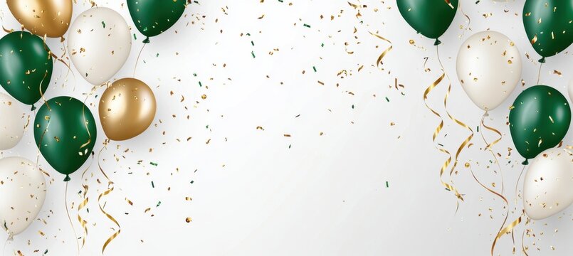  celebration background with green and white balloons, golden ribbons, and confetti on a light grey background Generative AI
