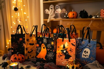 Halloween gift bags with spooky designs amid festive decor and pumpkins