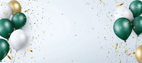 celebration background with green and white balloons, golden ribbons, and confetti on a light grey background Space for text or message Generative AI