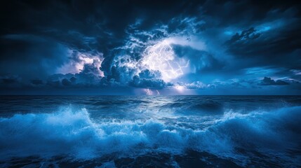 Naklejka premium Powerful storm with lightning over the ocean