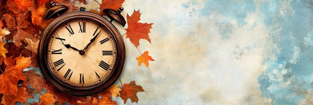 Retro alarm clock with autumn leaves against the background of the blue sky. Horizontal banner. Copy space. Illustration with clock and orange foliage. Daylight saving time, winter time changeover