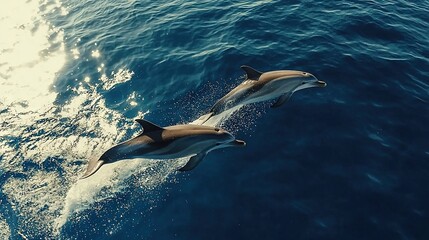   Two dolphins gracefully swim alongside each other in the azure depths of water, with a boat hovering in the distance