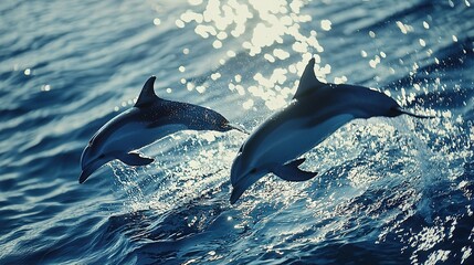 Obraz premium Two dolphins leaping from the water, illuminated by sunlight on a serene body of water against an expansive ocean backdrop