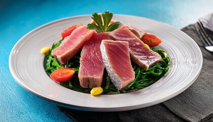 Plate of raw tuna and vegetables, risk of bacteria such as Listeria, Vibrio, Clostridium and Salmonella