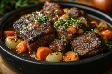 Deliciously tender beef ribs stewed with vibrant vegetables in a rustic bowl, perfect for a comforting meal