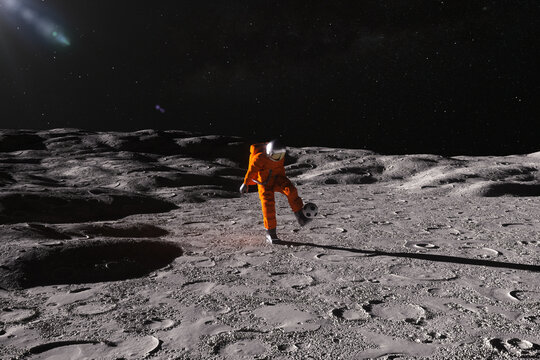 3D Render  of an Astronaut playing football on the moon.