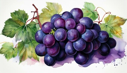 Fototapeta premium Black grape bunch watercolor image. Realistic ripe organic purple grape heap. Delicious dark violet sweet juicy fruit illustration. Black grape berries group with green leaves. Tasty ripe fruit.