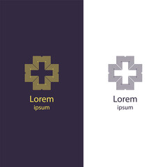 Obraz premium A modern cross logo design with interlocking shapes forming a seamless pattern, symbolizing unity, strength, and support, ideal for corporate or healthcare branding.