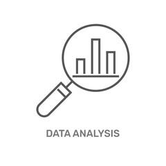 Data analysis is symbolized by a magnifying glass and a bar chart showing key insights