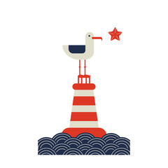 A seagull on a buoy in the sea. Simple vector illustration in flat style. Cute marine sticker for cards and posters