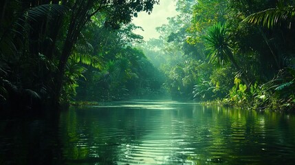 Obraz premium River in Jungle, Trees on Sides, Boat in Water