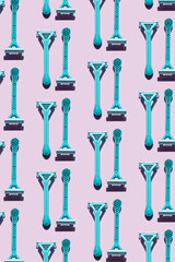 Pattern of blue razors with contrast shadows on a purple background. Personal care and grooming concept. Top view