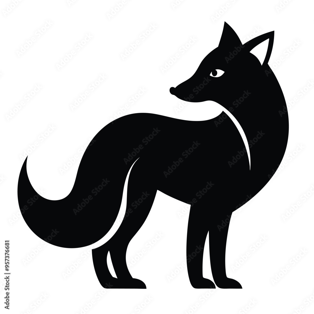 Sticker Silhouette Black Fox Line Art Vector Illustration.