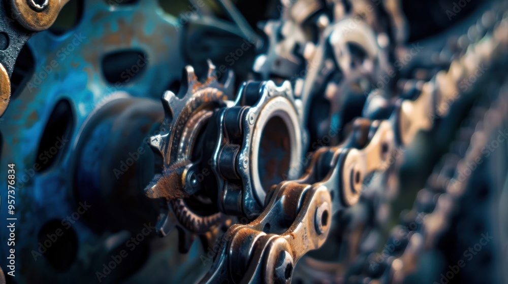 Poster closeup of a rusty chain and gears
