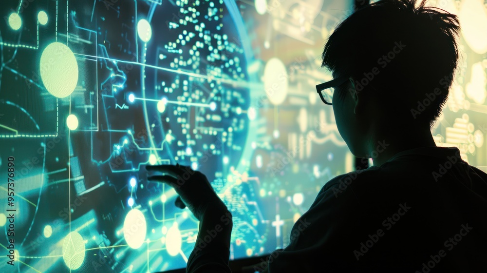 Poster silhouette of a person interacting with a digital interface