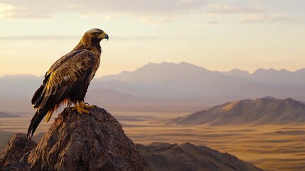   A majestic eagle sits atop a boulder amidst the arid landscape, surrounded by towering peaks