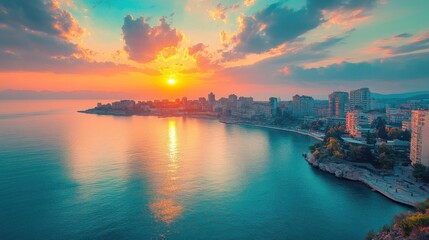 Naklejka premium Scenic view of a coastal city at sunset