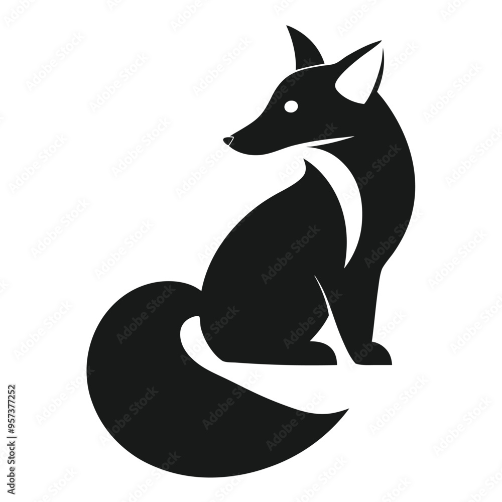 Sticker Silhouette Black Fox Line Art Vector Illustration.