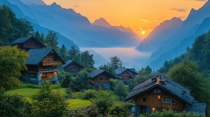 Scenic village in the mountains during sunrise