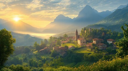 Obraz premium Scenic village in the mountains during sunrise