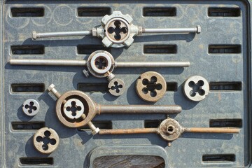 set of rusty iron industrial mechanical hand old round different dies for cutting threads for bolts...