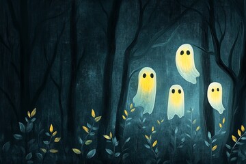Four glowing ghosts float among the trees in a dark forest, creating a magical and eerie atmosphere.

