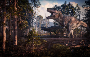 Jurrasic scene - Trex dinosaur in foggy forest 3D illustration. made in Blender © Mikael Damkier