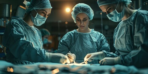 Surgical team focused on performing an operation under precise lighting in a sterile operating room
