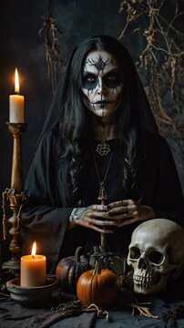 sorci&egrave;re femme habit noir talisman d&eacute;cor sombre cr&acirc;ne citrouille bougies chandelier marque peur obscur &eacute;pouvante sorcellerie vaudou mystique horreur