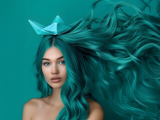 A woman with long teal hair floating with an origami boat