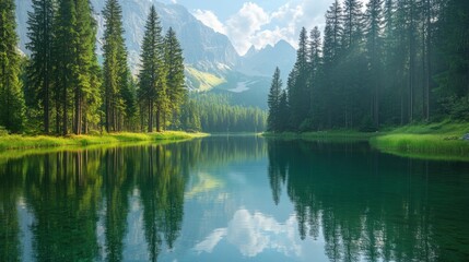 Fototapeta premium Serene lake surrounded by tall trees