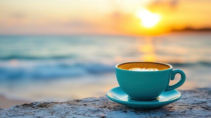   A coffee cup resting atop a boulder by the seaside during sunset