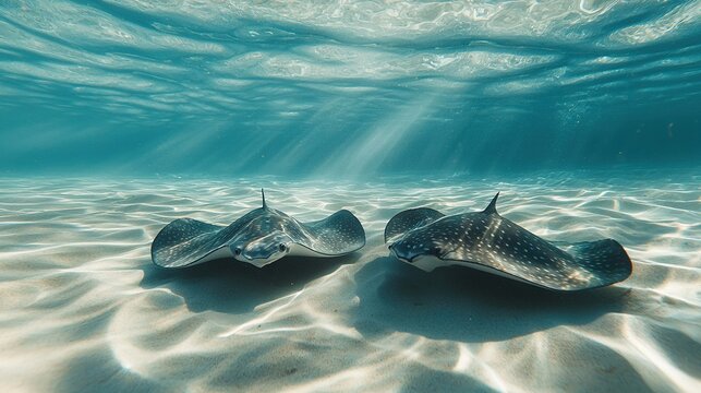   A pair of stingfish swim near the sandy ocean floor surface as sunlight filters through the water