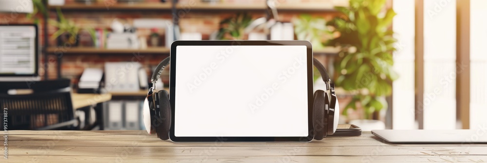 Poster tablet with empty display and headphones on a desk in a professional workspace filled with natural l