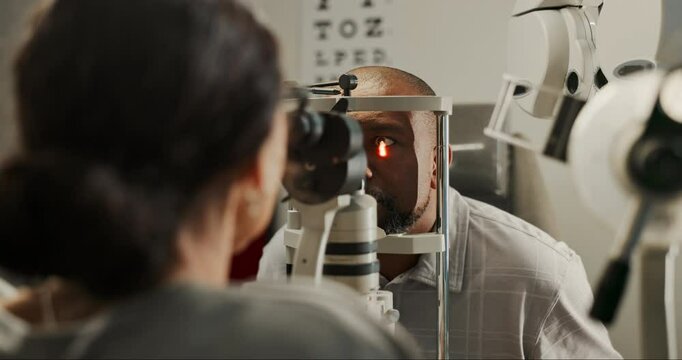 Eye exam, man and expert in clinic for healthcare, consultation and procedure. Woman optometrist, patient and equipment in practice for diagnosis, medical process or assessment for wellness or vision