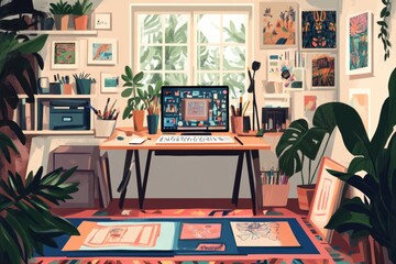 cozy studio, creative nook with drawing tablet, sketchpads, vibrant art supplies, warm, inspiring colors to reflect a space dedicated to creativity. Artist's desk home workshop. 