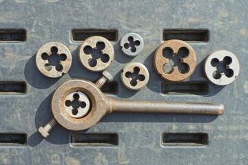 set of rusty iron industrial mechanical hand old round different dies for cutting threads for bolts...