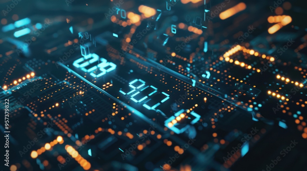 Poster digital circuitry with glowing numbers