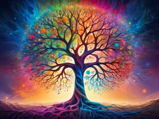 A majestic tree with neural network shaped branches. Colorful foliage representing various regions of the brain. 