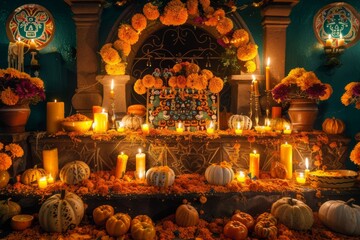 Vibrant día de los muertos altar with marigolds and candles illuminating the night
