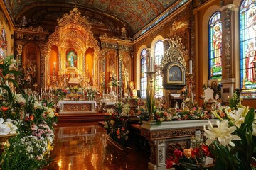 Obraz premium decorated church interior for the Feast of Our Lady of Sorrows, showcasing intricate religious decorations, stained glass windows, focus on altar and religious artifacts used during the celebration