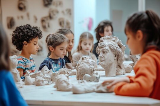 creative workshop or class in session, featuring people of different ages and backgrounds engaged in artistic activities like sculpting, painting, or designing, interaction and creativity