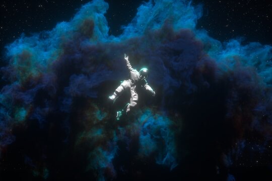 3D Render of an astronaut lost in space falling and floating adrift.