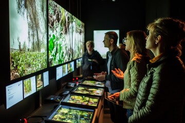 Naklejka premium educational workshop event, where experts are teaching attendees about environmental issues, renewable energy, or sustainability practices, featuring interactive displays and engaged participants
