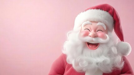 Joyful Santa Claus with a big smile and fluffy beard, celebrating the festive season against a pink background.